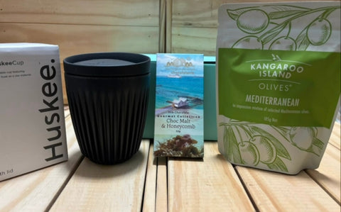 Eco Gourmet Gift Hamper – Huskee Cup, Kangaroo Island Olives & Mornington Peninsula Chocolate | Sustainable Australian Gifts Delivered Melbourne & Australia-Wide - Pretty Perfect Gift Hampers