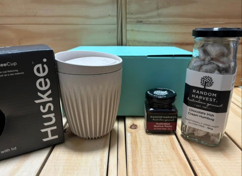 Gourmet Treats & Coffee Gift Hamper – Huskee Cup, Random Harvest Quince Paste & Chocolate Irish Cream Humbugs | Delivered Melbourne & Australia-Wide - Pretty Perfect Gift Hampers